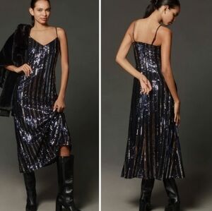 Anthropology Maeve Stripe  Midnight Blue And Silver Sequins Midi Dress Sz-S